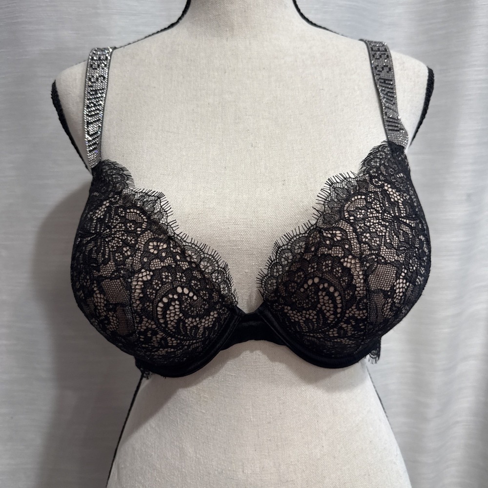 Victoria's Secret Women's Push-Up Very Sexy Shine Black Lace Rhinestone 34DD
